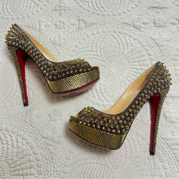 CHRISTIAN LOUBOUTIN Lady Peep Spike 150mm Gold Metallic Strass Rare Size 39 - Picture 8 of 11